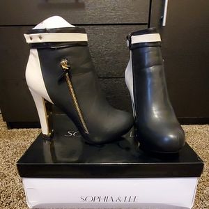 Black and ivory with gold accents ankle boots